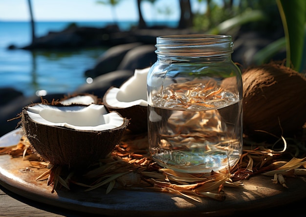 Aceite de coco goteando de coco a mitad con botella