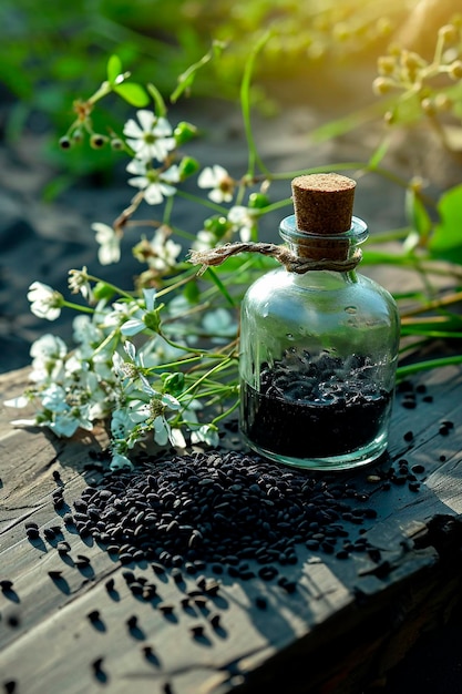 Foto el aceite de comino negro en la mesa el enfoque selectivo