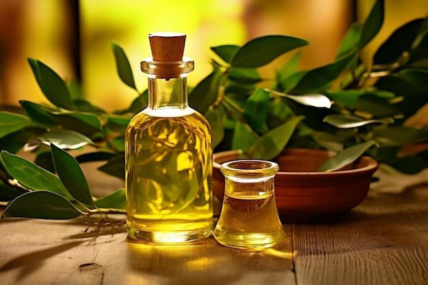 Aceite esencial de árbol de té junto con árbol de té y hojas sobre una mesa