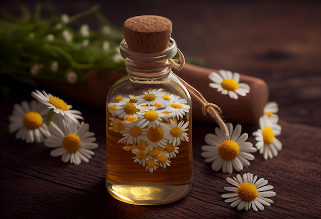 Aceite esencial en botella de vidrio con flores de manzanilla frescas Generar Ai