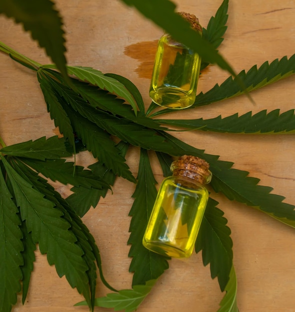 Aceite esencial de cannabis en una botella pequeña Enfoque selectivo