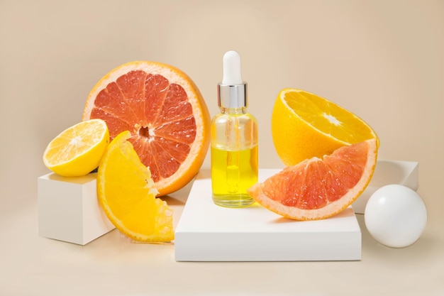 Aceite esencial de cítricos, suero de vitamina c, aceite de aromaterapia para el cuidado de la belleza.