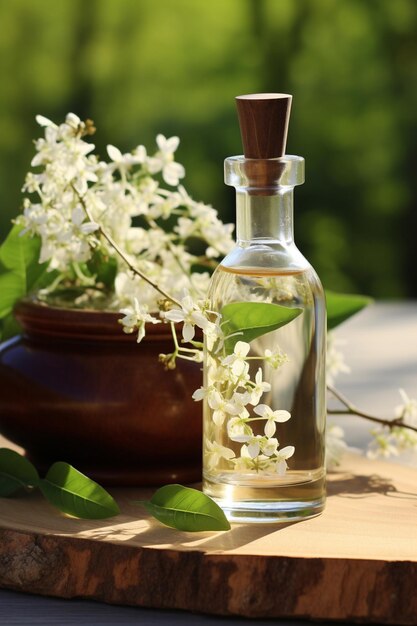 Aceite esencial de estyrax en una botella sobre un fondo de madera