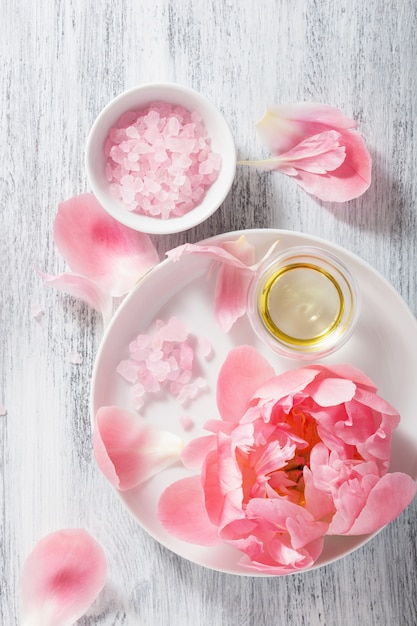 Aceite esencial de flor rosa peonía sal para spa y aromaterapia