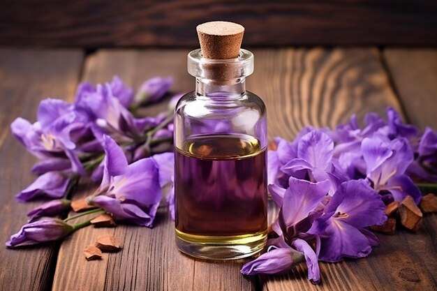 Aceite esencial de iris en una botella de spa