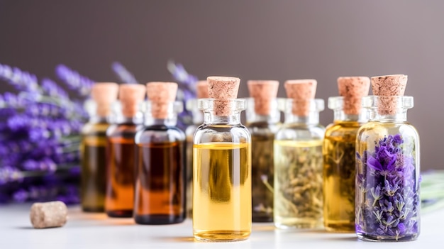 Foto aceite esencial de lavanda en botellas pequeñas con flores frescas de lavanda ai generativa