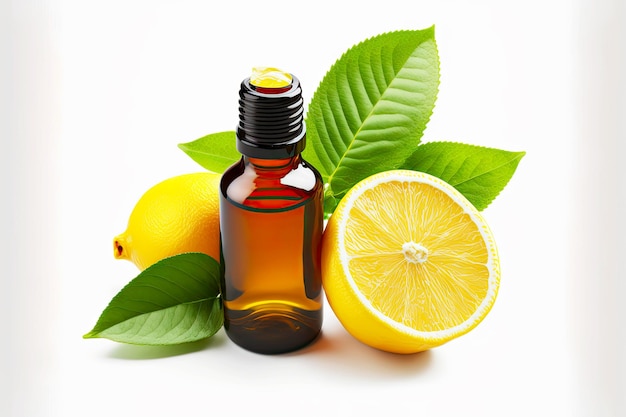 Aceite esencial de limón en botella marrón sobre fondo blanco.