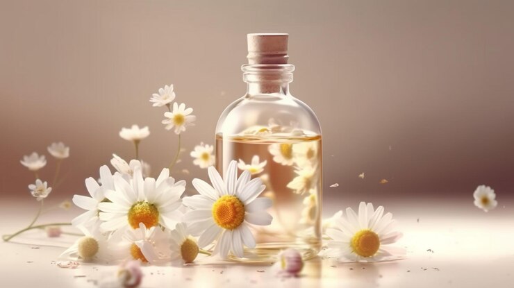 Aceite esencial de manzanilla en una botella de vidrio con flores de manzanilla frescas ai generativo