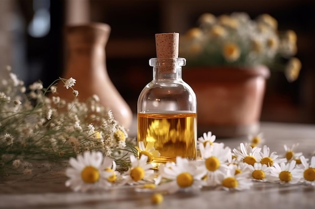 Aceite esencial de manzanilla romana junto con manzanilla romana en una mesa