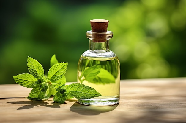 Aceite esencial de menta pimienta en botella con menta verde fresca