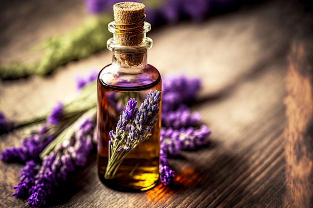 Aceite esencial recogido en botella de flores de lavanda sobre mesa de madera