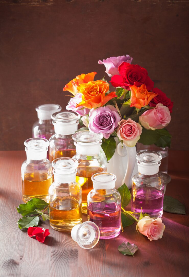 Foto aceite esencial de rosa en frascos de vidrio