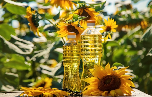 Aceite de girasol en una botella en el campo. Enfoque selectivo. Naturaleza.