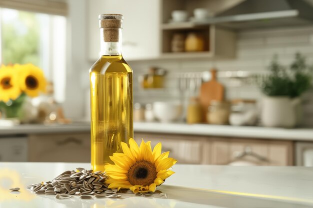 El aceite de girasol está en la mesa de la cocina.