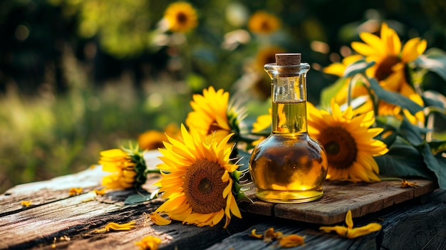 Aceite de girasol en una mesa en el jardín Foco selectivo