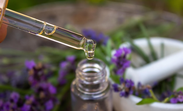 Aceite de hierbas y flores de lavanda sobre un fondo de madera Naturaleza