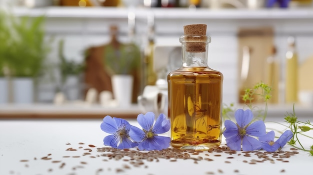 Foto aceite de linaza en una botella en la mesa