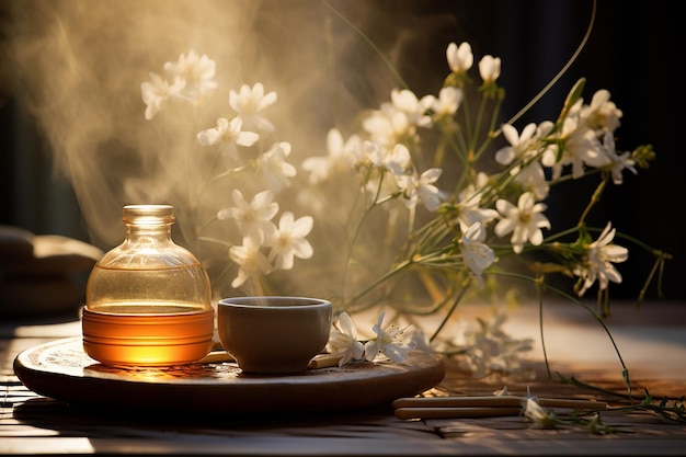 Aceite de masaje aromático en una botella de vidrio Set de masaje para el hogar