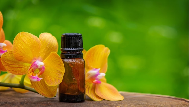 Aceite de masaje y piedras con orquídea amarilla