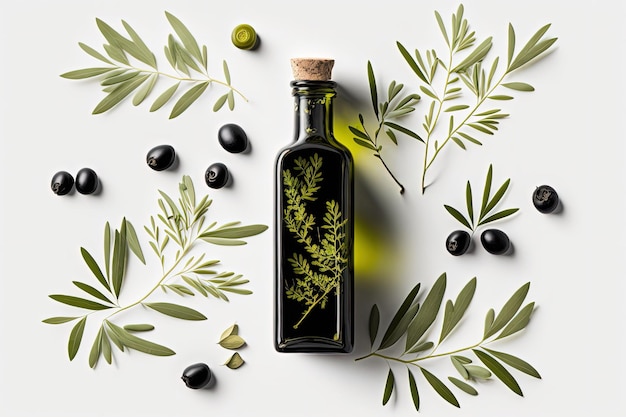 Aceite de oliva con aceitunas en una botella de vidrio tintado negro vista desde arriba fondo blanco