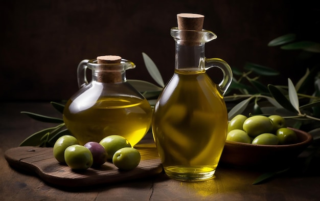 Aceite de oliva y aceitunas en una mesa de madera