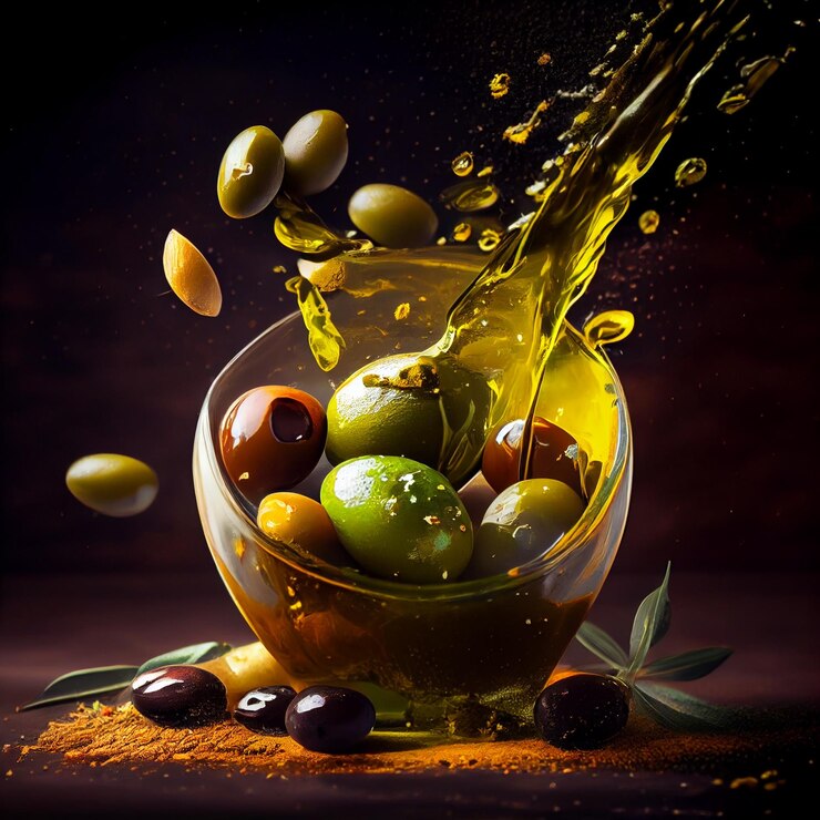 El aceite de oliva aromatizado con especias se vierte sobre aceitunas verdes calientes ai generativo