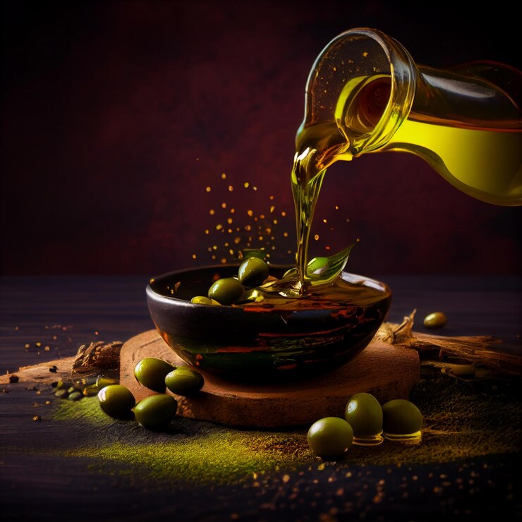 El aceite de oliva aromatizado con especias se vierte sobre aceitunas verdes calientes ai generativo