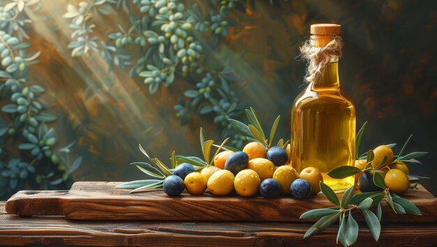 El aceite de oliva y las bayas están en la mesa de madera bajo el olivo