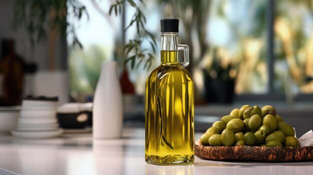 aceite de oliva en botella y aceitunas verdes en la mesa de la cocina