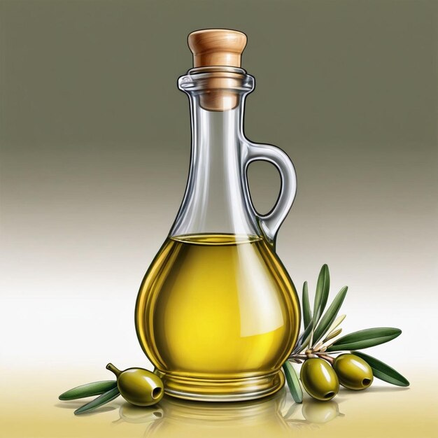Aceite de oliva en una botella de vidrio con aceitunas sobre un fondo gris aceite de oliva y aceitunas