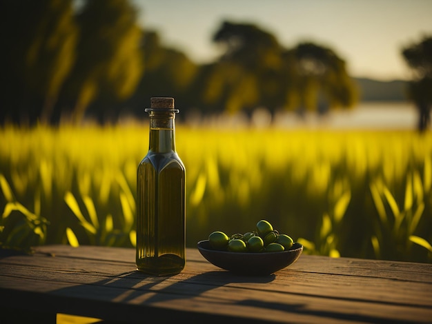 Aceite de oliva en botella de vidrio con aceitunas verdes sobre mesa de madera en el campo