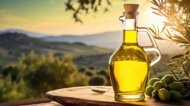 aceite de oliva en una botella de vidrio en una mesa de madera con olivos bajo el sol de la mañana aceitunas verdes