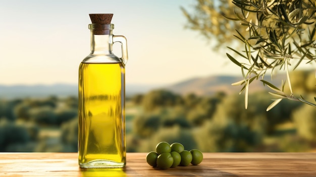 aceite de oliva en una botella de vidrio en una mesa de madera con olivos bajo el sol de la mañana aceitunas verdes