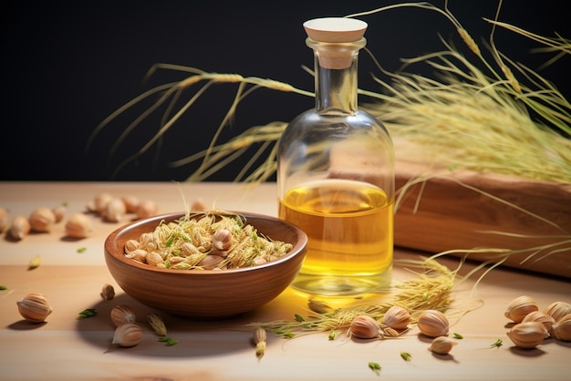 Aceite de oliva en una botella de vidrio sobre una mesa de madera con espigas de trigo