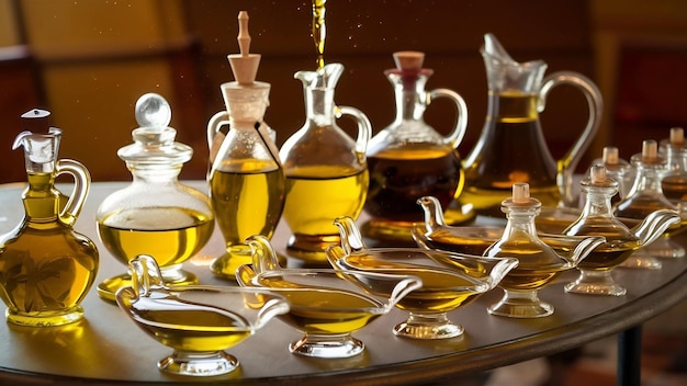 aceite de oliva en botellas y salchichas