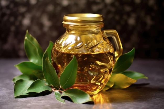 Aceite de oliva dorado en un frasco de vidrio con hojas creado con ai generativo