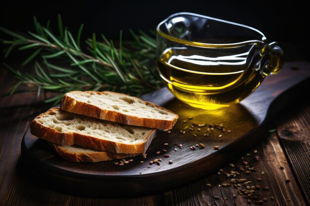 Aceite de Oliva Ecológico con pan sobre madera oscura