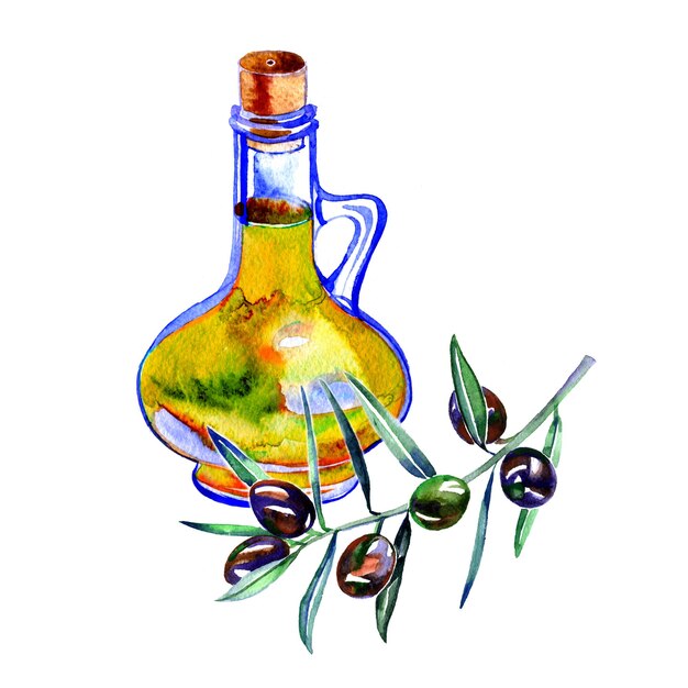Aceite de oliva en una hermosa botella para servir Aceitunas con hojas Dibujo de acuarela aislado brillante dibujado a mano para diseño, impresión, empaque, menús, artículos en el sitio Dieta, receta de comida saludable
