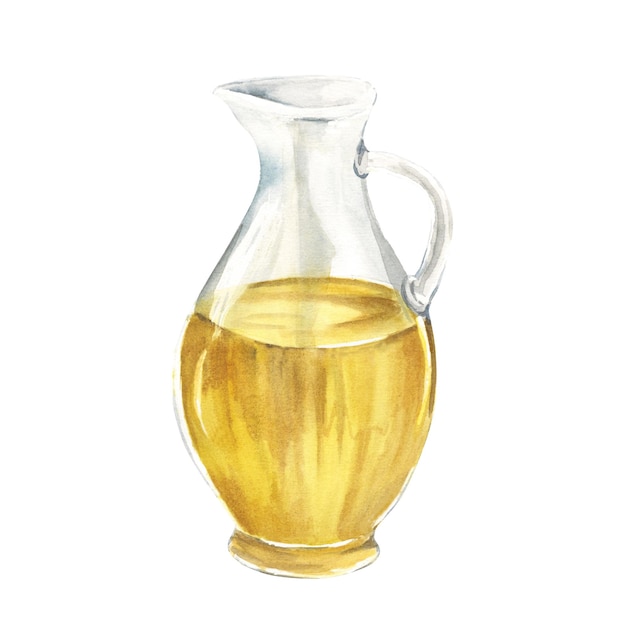 Aceite de oliva en una jarra de vidrio abierta Ilustración de acuarela dibujada a mano en un fondo blanco para el menú