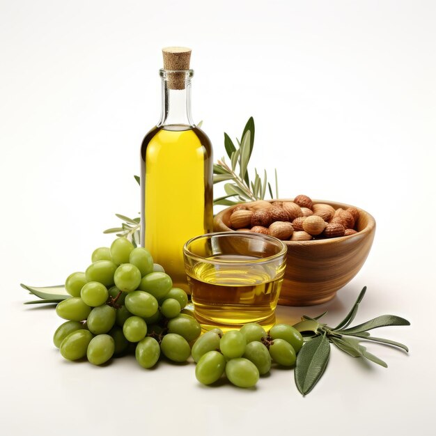 Foto aceite de oliva y nueces de uvas verdes