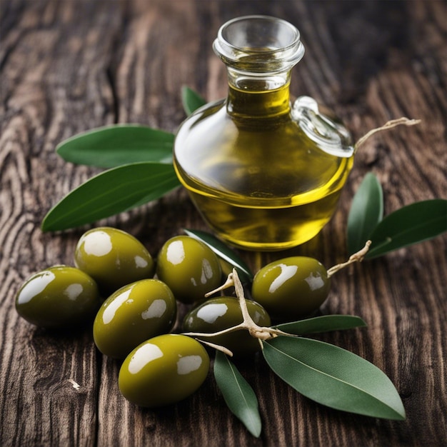 Aceite de oliva y rama de oliva en mesa de madera