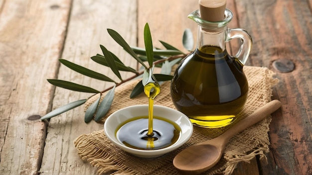 aceite de oliva y rama de oliva en la mesa de madera