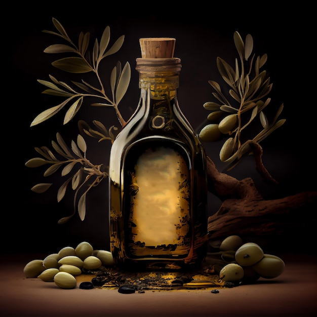 Aceite de oliva y rama de olivo