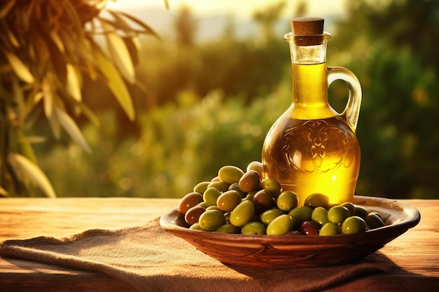 Aceite de oliva en un recipiente con una botella de aceite de oliva