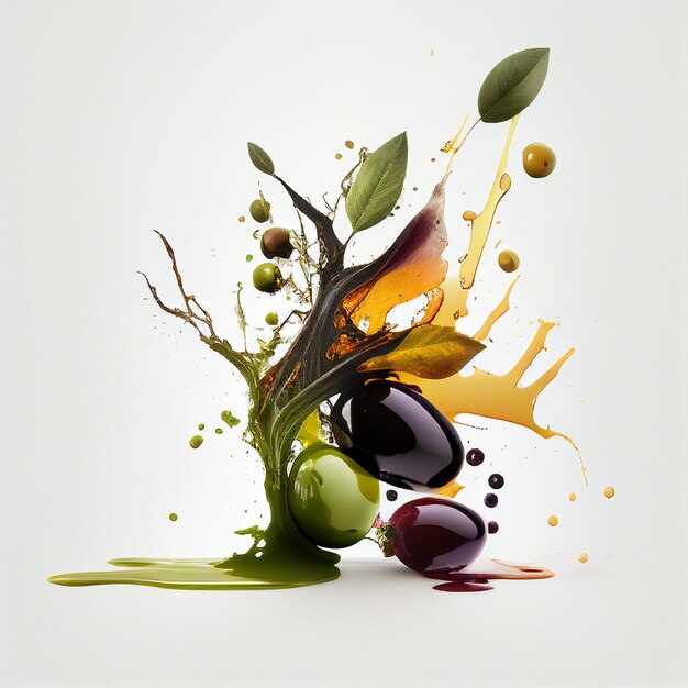 Aceite de oliva, salpicaduras, bayas de oliva negras y verdes, hojas aisladas en blanco, ilustración abstracta