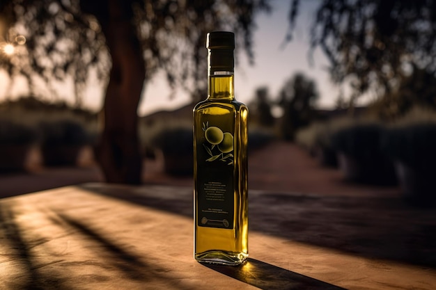 Aceite de oliva sobre fondo de olivar generativo ai