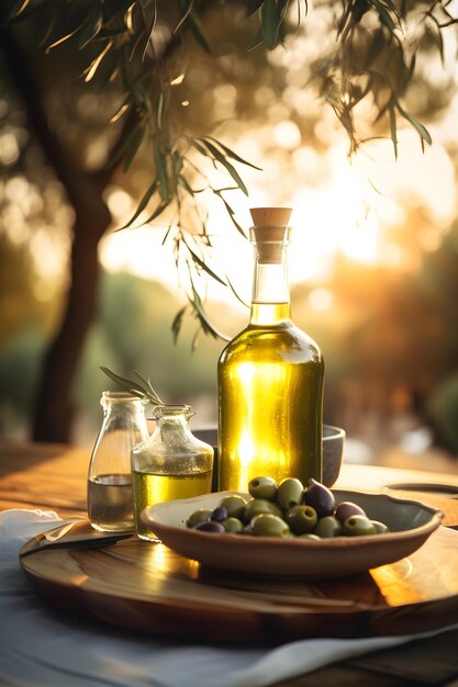 Aceite de oliva en tarro con amores en un escritorio de madera en un jardín mediterráneo de olivos con luces solares ai