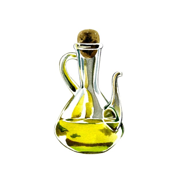 Aceite de olivas y hierbas Ilustración acuarela de aceite de olivas y hierbas albahaca y tomillo