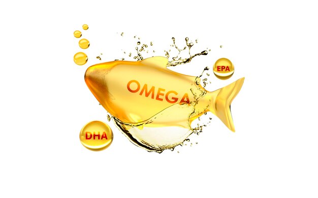 Aceite de pescado dorado y omega 3 en forma beneficios suplementarios de las pastillas que mejoran el corazón mental 3d render