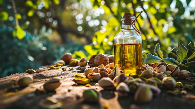 Foto aceite de pistacho en una mesa en el jardín foco selectivo